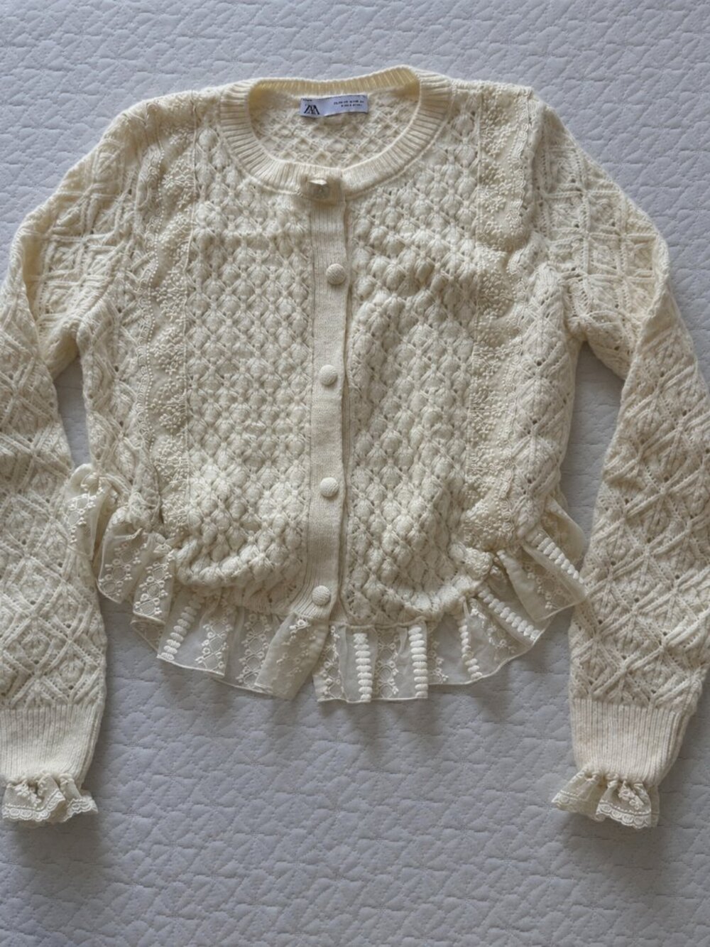 Zara Cream Embroidered Lace Knit Cardigan Size M